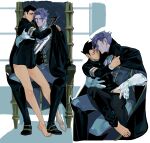  2boys ace_attorney barefoot barok_van_zieks black_pants bottomless chair closed_eyes closed_mouth elbow_gloves gloves height_difference highres hug male_focus multiple_boys multiple_views pants purple_hair ryunosuke_naruhodo shiawase_shitsudo_bata throne white_background white_gloves yaoi 