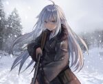  1girl absurdres artist_request black_jacket blue_eyes bolt_action fur-trimmed_jacket fur_trim gun highres holding holding_gun holding_weapon jacket looking_at_viewer mauser_98 official_art reverse_collapse_(series) rifle serious snowing solo tree weapon white_hair 
