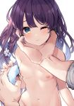  1boy 1girl 3; ao_no_neko blush braid green_eyes hair_ornament hand_on_another&#039;s_chin highres holding holding_hands holding_towel long_hair nude original pov pov_hands purple_hair simple_background solo_focus sweat towel white_background 