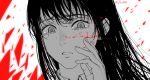  1girl chainsaw_man chinese_commentary close-up commentary_request crying dollllls2 eyelashes greyscale highres mitaka_asa monochrome portrait signature solo spot_color tears 
