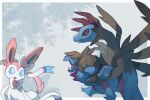  blue_eyes border bright_pupils claws closed_mouth fang fang_out from_side highres holding holding_pokemon hydreigon mokuzou_(moku_ssbu) no_humans outside_border pokemon pokemon_(creature) signature sylveon white_border white_pupils zweilous 