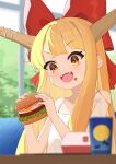  1girl blush bow burger camisole drink drinking_straw eating food food_on_face hair_bow highres holding holding_food horns ibuki_suika long_hair oeyama oni_horns open_mouth orange_eyes orange_hair red_bow smile solo touhou white_camisole 