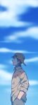  1boy azuma_junpei backwards_hat baseball_cap black_eyes blue_sky brown_hair cross_game day hands_in_pockets hat highres id_kaeta male_focus medium_hair outdoors profile sky solo standing triangle_print 