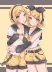  1boy 1girl alternate_color alternate_hairstyle androgynous arm_warmers black_sailor_collar blonde_hair brother_and_sister commentary_request cowboy_shot cropped_shoulders hair_ornament hairclip headphones headset highres hug kagamine_len kagamine_len_(if) kagamine_rin kagamine_rin_(if) looking_at_viewer neckerchief necktie possessive prototype_design sailor_collar shirt short_hair short_sleeves shorts siblings straight_hair swept_bangs symmetry twins vocaloid white_shirt yellow_eyes yellow_nails yellow_neckerchief yellow_necktie yellow_shorts zumin0627 