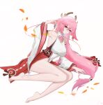  1girl absurdres animal_ears armpits bare_shoulders barefoot breasts detached_sleeves earrings feet floppy_ears fox fox_ears fox_shadow_puppet genshin_impact hair_ornament hand_up highres japanese_clothes jewelry large_breasts legs long_hair long_sleeves nontraditional_miko piaoyao pink_hair purple_eyes sideboob sitting solo thighs tomoe_(symbol) vision_(genshin_impact) white_background wide_sleeves yae_miko yokozuwari 