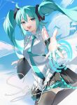  1girl :d absurdres black_skirt black_sleeves black_thighhighs blue_eyes blue_hair blue_necktie blue_sky breasts collared_shirt detached_sleeves feet_out_of_frame floating floating_hair frilled_shirt frills from_side hair_between_eyes hatsune_miku hatsune_miku_happy_16th_birthday_-dear_creators- headset highres katachi_noboru_nishikino long_sleeves looking_at_viewer medium_breasts microphone necktie number_tattoo open_hand open_mouth outstretched_arm pleated_skirt reaching reaching_towards_viewer sample_watermark shirt skirt sky sleeveless sleeveless_shirt smile solo tattoo teeth thighhighs tie_clip twintails upper_teeth_only vocaloid white_shirt 