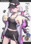  1girl absurdres bare_shoulders baseball_cap black_camisole black_headwear black_shorts blush breasts camisole choker cleavage coffee_cup collarbone copyright_name cup disposable_cup fate/grand_order fate_(series) glasses hair_ribbon hat highres hood hooded_jacket jacket kama_(fate) kama_(tour_outfit)_(fate) large_breasts long_hair long_sleeves looking_at_viewer low_twintails midriff nail_polish navel off_shoulder pink_nails purple_jacket red_eyes ribbon short_shorts shorts solo sweat sweatdrop thighs twintails white_hair yuniyuni 