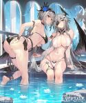  2girls absurdres arm_strap arm_support armpit_crease armpits artist_name ass barefoot bent_over bikini black_bikini black_hairband blue_flower blue_rose blue_sky breasts cameltoe character_request copyright copyright_name criss-cross_halter dated day evertale eyepatch feathered_wings feet feet_out_of_frame flower foot_out_of_frame from_behind green_eyes hair_flower hair_ornament hairband halterneck highleg highleg_bikini highres kakage kneepits large_breasts legs long_hair looking_at_viewer looking_back multiple_girls navel official_art parted_lips poolside rose see-through sitting sky soaking_feet soles stomach swimsuit thighs toes underboob very_long_hair white_bikini wings 