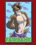  2011 anthro arm_tuft black_nose blue_background brown_body brown_fur character_name clothed clothing convention_badge cooner copyright_notice copyright_symbol diamond_shape elbow_tuft english_text eyebrows fairbank fish fur green_eyes green_text hands_behind_back head_tuft male mammal marine muscular muscular_male mustelid navel open_mouth otter pecs purple_clothing purple_swimwear red_background round_ears sharp_teeth shirtless simple_background smile solo swimwear symbol tail tail_tuft tan_body tan_fur teal_border teeth teeth_showing text tongue_showing topless tuft website_url whiskers yellow_text 