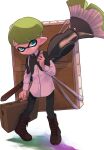  1boy aqua_eyes black_pants boots brown_footwear commentary_request cross-laced_footwear green_hair highres holding holding_case holding_paintbrush holding_weapon inkling inkling_boy nastar_r0 painbrush_(splatoon) paintbrush pants pointy_ears short_hair solo splatoon_(series) splatoon_3 weapon white_background 