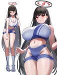  1girl absurdres alternate_costume black_hair blue_archive blush breasts cleavage dishui_tangni full_body groin halo highres hip_vent huge_breasts looking_at_viewer looking_down multiple_views navel red_eyes rio_(blue_archive) simple_background sports_bra stomach two-tone_sports_bra white_background 