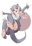  1girl animal_ears bare_shoulders barefoot blush brown_eyes elbow_gloves fingerless_gloves frilled_one-piece_swimsuit frills gloves grey_gloves grey_hair grey_one-piece_swimsuit grey_thighhighs hair_between_eyes highres kemono_friends multicolored_hair noor7 one-piece_swimsuit open_mouth otter_ears otter_girl otter_tail short_hair sidelocks small-clawed_otter_(kemono_friends) smile solo swimsuit tail thighhighs toeless_legwear two-tone_hair two-tone_one-piece_swimsuit white_hair white_one-piece_swimsuit 