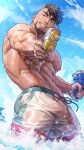  1boy abs aiming aiming_at_viewer atsushi_kenzaki bara black_hair cloud day facial_hair gachimuchi_de_dosukebe_na_kateikyoushi_no_oniisan_to_sugosu_natsu highres holding holding_water_gun large_pectorals looking_at_viewer male_focus male_swimwear muscular muscular_male navel nipples outdoors pectorals short_hair sky smile solo teeth topless_male wasp_(anthyutena) water water_gun white_male_swimwear 