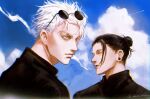  2boys blue_eyes blue_sky closed_mouth cloud contrail ear_piercing eyewear_on_head getou_suguru gojou_satoru jujutsu_kaisen looking_at_viewer male_focus multiple_boys ndsoda parted_lips piercing portrait signature sky smoking twitter_username 