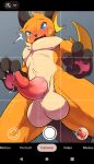  anthro balls blue_eyes blush bodily_fluids chest_tuft claws dripping erection fur generation_1_pokemon genital_fluids genitals hi_res low-angle_view male nintendo nude orange_body orange_fur phone pokemon pokemon_(species) precum precum_drip raichu selfie solo taking_picture toshabi tuft 