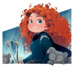  1girl arrow_(projectile) bear black_cape blue_eyes border bow_(weapon) brave_(pixar) cape curly_hair dress eyelashes grin holding holding_arrow holding_bow_(weapon) holding_weapon kiri_futoshi long_hair long_sleeves merida_(brave) red_hair signature smile weapon white_border 