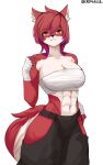  abs anthro breasts canid canine canis cleavage clothed clothing cromwellb danielle_sterling_(spitfire420007) female hi_res mammal midriff muscular muscular_anthro muscular_female red_body smile solo tape white_body wolf yellow_eyes 