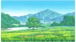  blue_sky border bridge cloud commentary_request day field flower grass hariken highres landscape mountain nature no_humans oita_prefecture original outdoors plant real_world_location river scenery shore sky tree white_border yellow_flower 