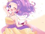  1girl arm_up bare_shoulders blue_eyes blush collarbone dress earrings eyelashes falling_petals jewelry moe_(pop&#039;n_music) one_eye_closed open_mouth petals ponytail pop&#039;n_music purple_hair rozimechicka_01 solo teeth upper_teeth_only white_background wrist_bow yellow_dress 