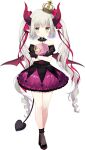  1girl bare_shoulders black_dress black_footwear black_gloves black_socks bow closed_mouth crown demon_girl demon_horns demon_tail demon_wings detached_collar dress drill_hair emma_august emma_august_(4th_costume) frilled_dress frills full_body gloves grey_hair hair_bow high_heels horns lace-trimmed_collar lace_trim long_hair mini_crown nijisanji official_art pink_bow purple_dress shiratama_(shiratamaco) smile socks solo tachi-e tail transparent_background twin_drills twintails two-tone_dress very_long_hair virtual_youtuber wings yellow_eyes 