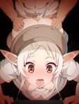  1boy 1girl ass breasts brown_headwear downblouse elf hetero highres mushoku_tensei nipples orange_eyes pointy_ears rbx_lamen sex sex_from_behind shirt short_hair_with_long_locks small_breasts solo_focus sweat sylphiette_(mushoku_tensei) tongue tongue_out white_hair white_shirt wide-eyed 