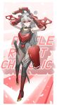  1girl absurdres animal_ears bare_shoulders character_name charolic_(girls&#039;_frontline_2) cheogtanbyeong commentary_request fake_animal_ears gauntlets girls&#039;_frontline girls&#039;_frontline_2:_exilium grey_hair highres korean_commentary leotard long_hair mechanical_ears playboy_bunny rabbit_ears red_eyes shield solo squiggle standing sword tactical_playboy_bunny weapon 