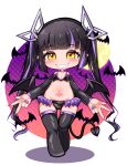  1girl absurdres alternate_costume bat_(animal) bat_wings black_bra black_hair black_panties black_thighhighs black_wings blunt_bangs blush bra breasts cleavage commentary_request demon_girl demon_horns demon_tail double_w full_body full_moon grin highres horns kojo_anna long_hair looking_at_viewer moon multicolored_hair nanashi_inc. panties pointy_ears pubic_tattoo purple_hair purple_nails robou_no_stone shiny_skin smile solo tail tattoo thighhighs twintails two-tone_hair underwear virtual_youtuber w walking white_background wings yellow_eyes 
