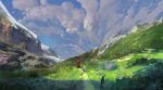  1girl building cloud cloudy_sky dirt_road grass highres mountain original painting_(medium) road sky slow_d solo traditional_media 