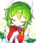  1girl blush china_dress chinese_clothes closed_mouth draco_centauros dragon_girl dragon_horns dragon_wings dress elbow_gloves gloves green_hair highres horns offbeat pointy_ears puyopuyo red_dress short_hair sleeveless sleeveless_dress solo upper_body white_gloves wings 
