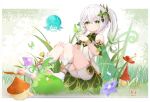  1girl absurdres bai_qiangwei bare_shoulders bloomers bracelet cross-shaped_pupils detached_sleeves genshin_impact green_eyes hair_ornament highres jewelry leaf_hair_ornament nahida_(genshin_impact) side_ponytail sitting solo symbol-shaped_pupils toeless_footwear white_hair 