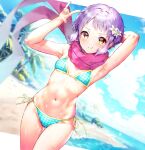  1girl \n/ arm_behind_head armpits beach bikini blue_bikini blue_sky breasts cloud cowboy_shot day doyagao dutch_angle flower hair_flower hair_ornament highres idolmaster idolmaster_million_live! makabe_mizuki orange_eyes outdoors pink_scarf presenting_armpit purple_hair qianlou_(qianlou12374) scarf short_hair side-tie_bikini_bottom sky small_breasts smile smug solo swimsuit 