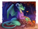  anthro autumn blue_eyes bottomless breasts candy clothed clothing dessert dragon female food green_body green_scales halloween holidays hoodie horn leaf membrane_(anatomy) membranous_wings pile plant scales scalie solo topwear tree wings yakovlev-vad 