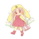  1girl ayu_(mog) dot_mouth dress flower full_body hat holding holding_suitcase jester_cap long_hair long_sleeves no_nose pantyhose pink_hair princess_silver red_eyes red_footwear signature simple_background suitcase white_background yellow_headwear yellow_pantyhose yume_no_crayon_oukoku 