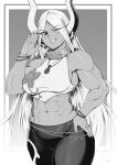  1girl ;d abs absurdres animal_ears bare_arms bare_shoulders black_pants boku_no_hero_academia bracelet breasts collar crop_top dark-skinned_female dark_skin greyscale hair_between_eyes hand_on_own_hip hand_up highres jewelry large_breasts long_eyelashes long_hair looking_at_viewer metal_collar midriff mirko monochrome muscular muscular_female navel obliques one_eye_closed pants parted_bangs pendant rabbit_ears rabbit_girl shirt signature sleeveless sleeveless_shirt smile solo speedl00ver stomach very_long_hair white_hair 