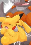  &lt;3 &lt;3_eyes abdominal_bulge absurd_res ambiguous_penetration anthro biped blush bodily_fluids cum duo eyes_closed female generation_1_pokemon generation_4_pokemon genital_fluids grey_body hands_behind_back hi_res male male/female nintendo orange_body penetration pikachu pokemon pokemon_(species) rhyperior sex size_difference sweat type yellow_body 