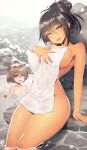  2girls ahoge bare_shoulders black_hair blurry blurry_background breasts brown_eyes brown_hair collarbone earrings hair_between_eyes hand_on_own_chest highres holding holding_towel jewelry large_breasts mahito multiple_girls naked_towel onsen open_mouth original partially_submerged pink_eyes ring rubber_duck short_hair sitting tan thighs towel wet 