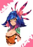  1girl bare_shoulders blue_hair breasts colored_sclera colored_skin flower green_sclera green_skin hair_flower hair_ornament highres javehorny league_of_legends linea_alba looking_at_viewer multicolored_hair multicolored_skin neeko_(league_of_legends) nipples off_shoulder pink_flower pink_hair reptile_girl short_hair small_breasts smile solo upper_body yellow_eyes 