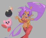  alien blue_eyes blush bomb breasts brown_body brown_skin cleavage clothed clothing crossover duo ear_piercing ear_ring explosives female flr-a genie hair hi_res humanoid humanoid_pointy_ears kirby kirby_(series) long_hair nintendo not_furry open_mouth open_smile piercing pink_body ponytail purple_hair ring_piercing shantae shantae_(series) simple_background smile waddling_head wayforward 