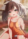  1girl :d absurdres apron arm_support breasts brown_hair collarbone fang happy head_scarf highres indoors lida_vv looking_at_viewer medium_breasts messy_hair nipple_slip nipples on_ground orange_apron pointing short_hair sitting smile solo sound_voltex underwear yamashina_kanade yellow_eyes 