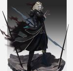  1boy absurdres beard black_coat blonde_hair blue_eyes coat facial_hair fate/apocrypha fate/grand_order fate_(series) full_body fur-trimmed_coat fur_trim grey_background highres long_hair long_sleeves looking_at_viewer male_focus polearm reaching solo spear thriller_romero two-tone_background vlad_iii_(fate/apocrypha) weapon white_background 