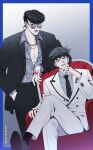  2boys bandaged_hand bandages black_hair black_jacket black_pants blood blood_on_bandages blue_eyes collarbone diamond_wa_kudakenai earrings english_text green_eyes grey_shirt hand_in_pocket headband higashikata_josuke highres jacket jewelry jojo_no_kimyou_na_bouken kishibe_rohan long_sleeves looking_at_viewer male_focus mouth_hold multiple_boys necklace pants parted_lips polina29297783 pompadour ring shirt shoes sitting smile socks sunglasses toned unbuttoned unbuttoned_shirt white_jacket white_pants yaoi 