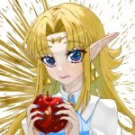  1girl aoi_(zelda0616) apple blonde_hair blue_eyes blue_nails brooch candy_apple collared_shirt emphasis_lines eyelashes food food_on_face fruit holding holding_food holding_fruit jewelry long_hair looking_at_viewer pointy_ears princess_zelda red_apple shirt smile solo the_legend_of_zelda the_legend_of_zelda:_a_link_to_the_past triforce_earrings upper_body white_background 