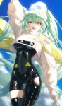  1girl :d absurdres aqua_eyes aqua_hair arm_up black_bodysuit blue_sky bodysuit breasts cloud day goodsmile_racing hatsune_miku highres jacket jisu_lee long_hair long_sleeves looking_at_viewer medium_breasts outdoors racing_miku racing_miku_(2022) sky smile standing thigh_gap twintails very_long_hair vocaloid white_jacket 