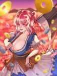  1girl blue_dress blurry blurry_background breasts cleavage coin commentary_request dress field flower flower_field gradient_sky hair_between_eyes holding holding_scythe large_breasts looking_at_viewer obi oisutalasolosu onozuka_komachi outdoors red_eyes red_flower red_hair sash scythe short_sleeves sky solo spider_lily touhou two_side_up 