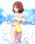  1girl arms_at_sides artist_name ass back bare_shoulders bikini brown_hair commentary_request dated hibike!_euphonium highres looking_at_viewer looking_back medium_hair nii_manabu open_mouth oumae_kumiko smile solo splashing swimsuit thighs yellow_bikini yellow_eyes 