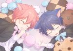  2boys animal_ears black_cape blue_hair candy cape cat_boy cat_ears chibi chocolate_chip_cookie closed_eyes cookie eating food given highres male_focus multiple_boys red_hair satou_mafuyu sleeping uenoyama_ritsuka umi8315 