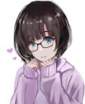  1girl akito1218 black_hair blue_eyes blush closed_mouth glasses heart long_sleeves looking_at_viewer original pink_sweater short_hair simple_background sleeves_past_fingers sleeves_past_wrists smile solo sweater upper_body white_background 