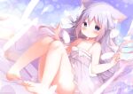  1girl akatsuki_(ytkg5558) animal_ear_fluff animal_ears bare_legs barefoot blue_eyes blush cat_ears cat_girl cat_tail commentary_request detached_wings dress flat_chest hair_between_eyes hair_ribbon highres long_hair looking_at_viewer mini_wings original parted_lips pigeon-toed purple_dress purple_hair ribbon sleeveless sleeveless_dress soles solo sundress tail thick_eyebrows toenails toes white_ribbon white_wings wings 