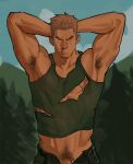  1boy armpit_hair arms_behind_head bara blood covered_nipples cowboy_shot edeued_(dpemrmfla) facial_hair forest goatee goatee_stubble green_tank_top highres looking_at_viewer male_focus mature_male midriff_peek muscular muscular_male nature navel_hair no_male_underwear nosebleed open_fly original out-of-frame_censoring pectorals penis penis_out_of_frame penis_peek shirt short_hair sidepec solo tank_top thick_eyebrows torn_clothes torn_shirt 