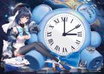  1girl analog_clock bare_shoulders black_gloves black_hair black_skirt black_thighhighs blue_eyes blue_footwear blue_hair blue_sleeves blush boros_(ouro_kronii) bow bowtie breasts brooch chain character_name cleavage clock closed_eyes closed_mouth clothing_cutout colored_inner_hair commentary detached_sleeves english_commentary eyelashes frilled_pillow frills full_body gears gloves gold_trim hair_between_eyes hair_intakes hand_up hololive hololive_english jewelry juliet_sleeves kronie_(ouro_kronii) large_breasts long_sleeves looking_at_viewer miniskirt multicolored_hair ouro_kronii pillow puffy_sleeves roman_numeral satchely shirt shoes short_hair side_cutout sidelocks sitting skirt sleeping sleeveless sleeveless_shirt smile solo thighhighs two-tone_hair underboob underboob_cutout virtual_youtuber white_shirt zipper 